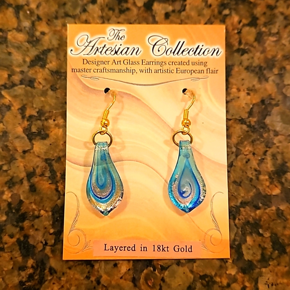 The Artesian Collection Designer Art Glass Aqua Blue Earrings